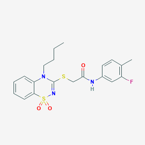 molecular formula C20H22FN3O3S2 B2859537 2-((4-butyl-1,1-dioxido-4H-benzo[e][1,2,4]thiadiazin-3-yl)thio)-N-(3-fluoro-4-methylphenyl)acetamide CAS No. 893790-21-1
