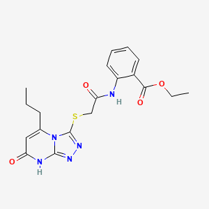 molecular formula C19H21N5O4S B2859637 Ethyl 2-(2-((7-oxo-5-propyl-7,8-dihydro-[1,2,4]triazolo[4,3-a]pyrimidin-3-yl)thio)acetamido)benzoate CAS No. 895004-37-2