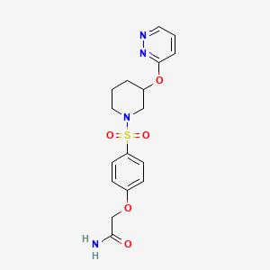 molecular formula C17H20N4O5S B2859682 2-(4-((3-(Pyridazin-3-yloxy)piperidin-1-yl)sulfonyl)phenoxy)acetamide CAS No. 2034501-97-6