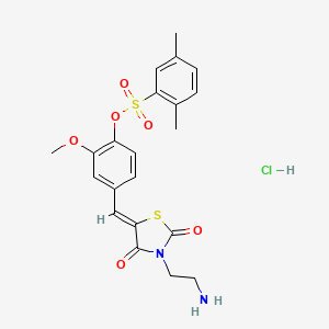 molecular formula C21H23ClN2O6S2 B2859704 4-{[3-(2-Aminoethyl)-2,4-dioxo-1,3-thiazolidin-5-ylidene]methyl}-2-methoxyphenyl 2,5-dimethylbenzene-1-sulfonate hydrochloride CAS No. 1092706-04-1