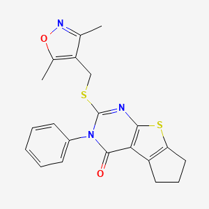 molecular formula C21H19N3O2S2 B2859763 10-{[(3,5-Dimethyl-1,2-oxazol-4-yl)methyl]sulfanyl}-11-phenyl-7-thia-9,11-diazatricyclo[6.4.0.0^{2,6}]dodeca-1(8),2(6),9-trien-12-one CAS No. 307511-86-0