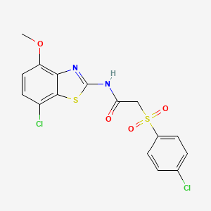 molecular formula C16H12Cl2N2O4S2 B2859787 N-(7-chloro-4-methoxybenzo[d]thiazol-2-yl)-2-((4-chlorophenyl)sulfonyl)acetamide CAS No. 886950-93-2