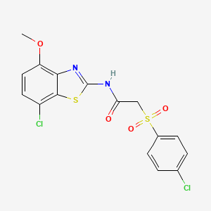 molecular formula C16H12Cl2N2O4S2 B2859787 N-(7-氯-4-甲氧基苯并[d]噻唑-2-基)-2-((4-氯苯基)磺酰基)乙酰胺 CAS No. 886950-93-2