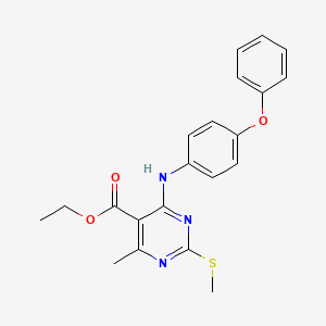 molecular formula C21H21N3O3S B2859800 4-甲基-2-(甲硫基)-6-[(4-苯氧基苯基)氨基]嘧啶-5-羧酸乙酯 CAS No. 1457983-64-0