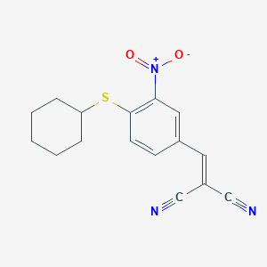 molecular formula C16H15N3O2S B2859835 2-[(4-Cyclohexylsulfanyl-3-nitrophenyl)methylidene]propanedinitrile CAS No. 301194-64-9