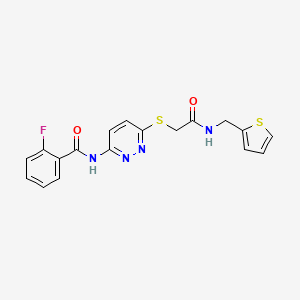 molecular formula C18H15FN4O2S2 B2859846 2-fluoro-N-(6-((2-oxo-2-((thiophen-2-ylmethyl)amino)ethyl)thio)pyridazin-3-yl)benzamide CAS No. 1021060-98-9