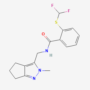 molecular formula C16H17F2N3OS B2859910 2-((difluoromethyl)thio)-N-((2-methyl-2,4,5,6-tetrahydrocyclopenta[c]pyrazol-3-yl)methyl)benzamide CAS No. 2034507-81-6