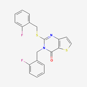 molecular formula C20H14F2N2OS2 B2859933 3-[(2-Fluorophenyl)methyl]-2-[(2-fluorophenyl)methylsulfanyl]thieno[3,2-d]pyrimidin-4-one CAS No. 440326-53-4