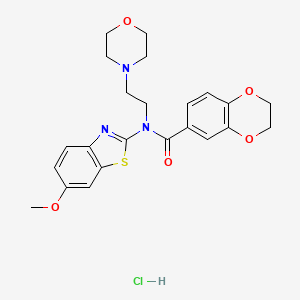 molecular formula C23H26ClN3O5S B2859993 N-(6-methoxybenzo[d]thiazol-2-yl)-N-(2-morpholinoethyl)-2,3-dihydrobenzo[b][1,4]dioxine-6-carboxamide hydrochloride CAS No. 1215665-39-6