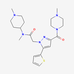 molecular formula C22H32N6O2S B2860036 N-甲基-2-(3-(4-甲基哌嗪-1-羰基)-5-(噻吩-2-基)-1H-吡唑-1-基)-N-(1-甲基哌啶-4-基)乙酰胺 CAS No. 1172422-45-5