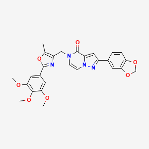 molecular formula C27H24N4O7 B2860081 2-(benzo[d][1,3]dioxol-5-yl)-5-((5-methyl-2-(3,4,5-trimethoxyphenyl)oxazol-4-yl)methyl)pyrazolo[1,5-a]pyrazin-4(5H)-one CAS No. 1287101-04-5