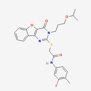 molecular formula C25H26FN3O4S B2860100 N-(3-fluoro-4-methylphenyl)-2-({4-oxo-3-[3-(propan-2-yloxy)propyl]-3,4-dihydro[1]benzofuro[3,2-d]pyrimidin-2-yl}sulfanyl)acetamide CAS No. 900004-22-0