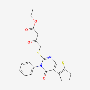 molecular formula C21H20N2O4S2 B2860197 ethyl 3-oxo-4-((4-oxo-3-phenyl-4,5,6,7-tetrahydro-3H-cyclopenta[4,5]thieno[2,3-d]pyrimidin-2-yl)thio)butanoate CAS No. 406200-99-5