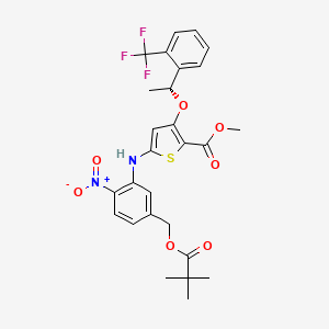molecular formula C27H27F3N2O7S B2860241 (R)-methyl 5-(2-nitro-5-(pivaloyloxymethyl)phenylamino)-3-(1-(2-(trifluoromethyl)phenyl)ethoxy)thiophene-2-carboxylate CAS No. 929095-36-3