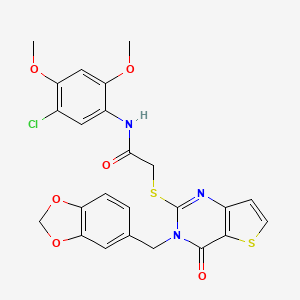 molecular formula C24H20ClN3O6S2 B2860252 2-((3-(苯并[d][1,3]二氧杂环-5-基甲基)-4-氧代-3,4-二氢噻吩并[3,2-d]嘧啶-2-基)硫代)-N-(5-氯-2,4-二甲氧基苯基)乙酰胺 CAS No. 1795482-94-8