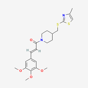 molecular formula C22H28N2O4S2 B2860273 (E)-1-(4-(((4-methylthiazol-2-yl)thio)methyl)piperidin-1-yl)-3-(3,4,5-trimethoxyphenyl)prop-2-en-1-one CAS No. 1421587-18-9