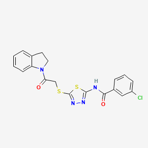 molecular formula C19H15ClN4O2S2 B2860362 3-chloro-N-(5-((2-(indolin-1-yl)-2-oxoethyl)thio)-1,3,4-thiadiazol-2-yl)benzamide CAS No. 392300-74-2