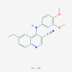 molecular formula C20H20ClN3O2 B2860373 4-((3,4-Dimethoxyphenyl)amino)-6-ethylquinoline-3-carbonitrile hydrochloride CAS No. 1331327-95-7