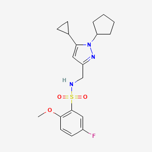 molecular formula C19H24FN3O3S B2860393 N-((1-cyclopentyl-5-cyclopropyl-1H-pyrazol-3-yl)methyl)-5-fluoro-2-methoxybenzenesulfonamide CAS No. 1448064-43-4
