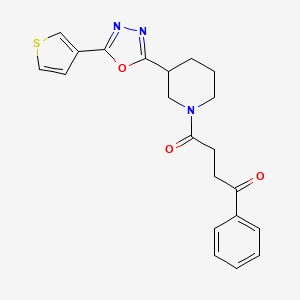 molecular formula C21H21N3O3S B2860426 1-Phenyl-4-(3-(5-(thiophen-3-yl)-1,3,4-oxadiazol-2-yl)piperidin-1-yl)butane-1,4-dione CAS No. 1797587-21-3