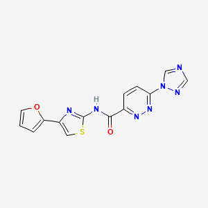 molecular formula C14H9N7O2S B2860560 N-(4-(呋喃-2-基)噻唑-2-基)-6-(1H-1,2,4-三唑-1-基)吡啶-3-甲酰胺 CAS No. 1448055-00-2