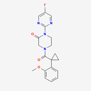 molecular formula C19H19FN4O3 B2860585 1-(5-Fluoropyrimidin-2-yl)-4-[1-(2-methoxyphenyl)cyclopropanecarbonyl]piperazin-2-one CAS No. 2320925-88-8