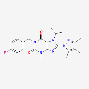 molecular formula C22H25FN6O2 B2860600 1-(4-fluorobenzyl)-7-isopropyl-3-methyl-8-(3,4,5-trimethyl-1H-pyrazol-1-yl)-1H-purine-2,6(3H,7H)-dione CAS No. 1014009-03-0