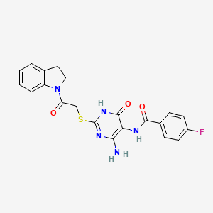 molecular formula C21H18FN5O3S B2860605 N-(4-amino-2-((2-(indolin-1-yl)-2-oxoethyl)thio)-6-oxo-1,6-dihydropyrimidin-5-yl)-4-fluorobenzamide CAS No. 872597-08-5
