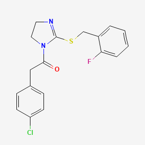molecular formula C18H16ClFN2OS B2860640 2-(4-chlorophenyl)-1-(2-((2-fluorobenzyl)thio)-4,5-dihydro-1H-imidazol-1-yl)ethanone CAS No. 851807-17-5