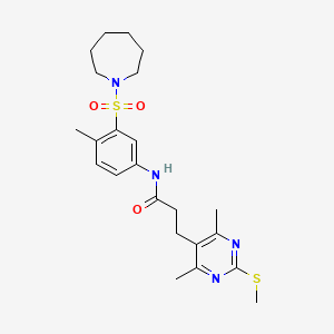 molecular formula C23H32N4O3S2 B2860646 N-[3-(azepan-1-ylsulfonyl)-4-methylphenyl]-3-(4,6-dimethyl-2-methylsulfanylpyrimidin-5-yl)propanamide CAS No. 931030-32-9