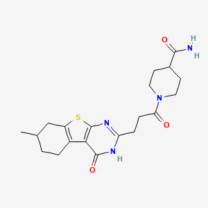 molecular formula C20H26N4O3S B2860658 1-[3-(7-甲基-4-氧代-3,4,5,6,7,8-六氢[1]苯并噻吩并[2,3-d]嘧啶-2-基)丙酰]哌啶-4-甲酰胺 CAS No. 950313-69-6