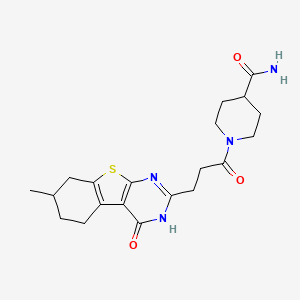 molecular formula C20H26N4O3S B2860658 1-[3-(7-Methyl-4-oxo-3,4,5,6,7,8-hexahydro[1]benzothieno[2,3-d]pyrimidin-2-yl)propanoyl]piperidine-4-carboxamide CAS No. 950313-69-6