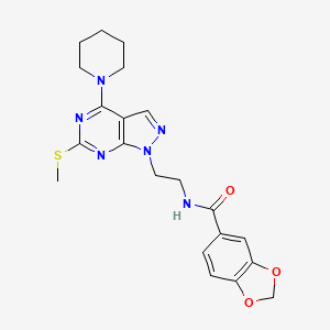 molecular formula C21H24N6O3S B2860660 N-(2-(6-(甲硫基)-4-(哌啶-1-基)-1H-吡唑并[3,4-d]嘧啶-1-基)乙基)苯并[d][1,3]二氧杂环-5-甲酰胺 CAS No. 941896-77-1