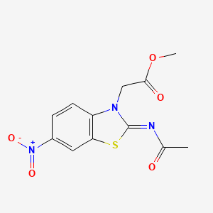 molecular formula C12H11N3O5S B2860821 Methyl 2-(2-acetylimino-6-nitro-1,3-benzothiazol-3-yl)acetate CAS No. 865198-33-0