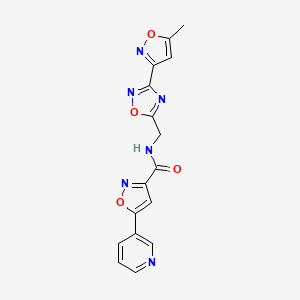 molecular formula C16H12N6O4 B2860823 N-((3-(5-methylisoxazol-3-yl)-1,2,4-oxadiazol-5-yl)methyl)-5-(pyridin-3-yl)isoxazole-3-carboxamide CAS No. 2034505-79-6