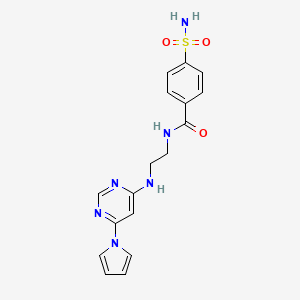 molecular formula C17H18N6O3S B2860834 N-(2-((6-(1H-pyrrol-1-yl)pyrimidin-4-yl)amino)ethyl)-4-sulfamoylbenzamide CAS No. 1428364-75-3