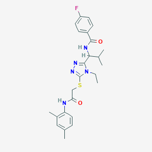 molecular formula C25H30FN5O2S B286084 N-{1-[5-({2-[(2,4-dimethylphenyl)amino]-2-oxoethyl}sulfanyl)-4-ethyl-4H-1,2,4-triazol-3-yl]-2-methylpropyl}-4-fluorobenzamide 