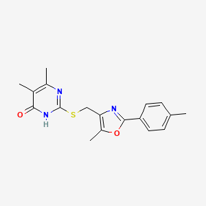 molecular formula C18H19N3O2S B2860860 5,6-Dimethyl-2-(((5-methyl-2-(p-tolyl)oxazol-4-yl)methyl)thio)pyrimidin-4-ol CAS No. 1040646-23-8