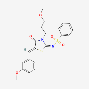 molecular formula C21H22N2O5S2 B2860869 (E)-N-((Z)-5-(3-methoxybenzylidene)-3-(3-methoxypropyl)-4-oxothiazolidin-2-ylidene)benzenesulfonamide CAS No. 867041-97-2