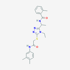 molecular formula C24H29N5O2S B286088 N-{1-[5-({2-[(3,4-dimethylphenyl)amino]-2-oxoethyl}sulfanyl)-4-ethyl-4H-1,2,4-triazol-3-yl]ethyl}-2-methylbenzamide 