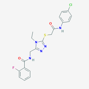 molecular formula C20H19ClFN5O2S B286091 N-{[5-({2-[(4-chlorophenyl)amino]-2-oxoethyl}sulfanyl)-4-ethyl-4H-1,2,4-triazol-3-yl]methyl}-2-fluorobenzamide 