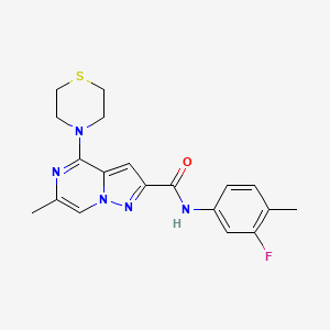 molecular formula C19H20FN5OS B2860949 N-(3-fluoro-4-methylphenyl)-6-methyl-4-(1,4-thiazinan-4-yl)pyrazolo[1,5-a]pyrazine-2-carboxamide CAS No. 1775495-32-3