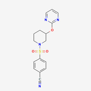 molecular formula C16H16N4O3S B2860954 4-((3-(Pyrimidin-2-yloxy)piperidin-1-yl)sulfonyl)benzonitrile CAS No. 2034576-82-2