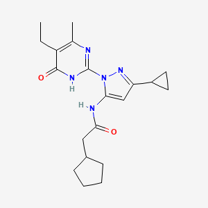 molecular formula C20H27N5O2 B2860996 2-环戊基-N-(3-环丙基-1-(5-乙基-4-甲基-6-氧代-1,6-二氢嘧啶-2-基)-1H-吡唑-5-基)乙酰胺 CAS No. 1207019-05-3