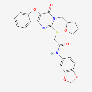 molecular formula C24H21N3O6S B2860998 N-(1,3-benzodioxol-5-yl)-2-{[4-oxo-3-(tetrahydrofuran-2-ylmethyl)-3,4-dihydro[1]benzofuro[3,2-d]pyrimidin-2-yl]sulfanyl}acetamide CAS No. 900002-92-8