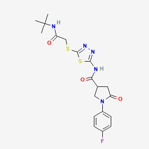molecular formula C19H22FN5O3S2 B2861042 N-(5-((2-(tert-butylamino)-2-oxoethyl)thio)-1,3,4-thiadiazol-2-yl)-1-(4-fluorophenyl)-5-oxopyrrolidine-3-carboxamide CAS No. 894054-67-2