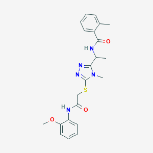 molecular formula C22H25N5O3S B286108 N-{1-[5-({2-[(2-methoxyphenyl)amino]-2-oxoethyl}sulfanyl)-4-methyl-4H-1,2,4-triazol-3-yl]ethyl}-2-methylbenzamide 