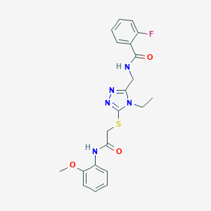 molecular formula C21H22FN5O3S B286109 N-{[4-ethyl-5-({2-[(2-methoxyphenyl)amino]-2-oxoethyl}sulfanyl)-4H-1,2,4-triazol-3-yl]methyl}-2-fluorobenzamide 