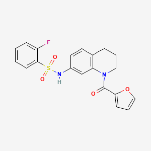 molecular formula C20H17FN2O4S B2861143 2-氟-N-[1-(呋喃-2-羰基)-3,4-二氢-2H-喹啉-7-基]苯磺酰胺 CAS No. 946220-32-2