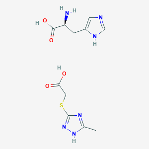 molecular formula C11H16N6O4S B2861169 (2S)-2-amino-3-(1H-imidazol-4-yl)propanoic acid, 2-[(5-methyl-1H-1,2,4-triazol-3-yl)sulfanyl]acetic acid CAS No. 2137099-43-3